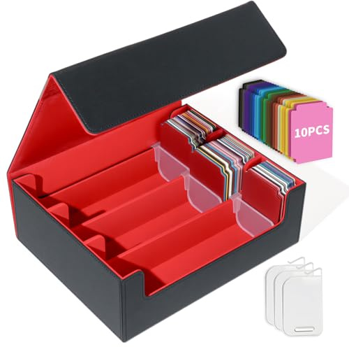 Matlarn Boîte Rangement Carte, Boite à Cartes pour de 2300+ Cartes, Magnétique Cuir Card Box Avec 10 Séparateurs Colorés et 3 Clips de Clôture, MTG Deck Boxs pour TCG CCG Yugioh, Rouge