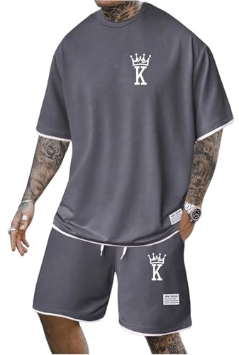 Mfhmom 2 Teiler Herren Sommer Trainingsanzug Krone Druck T-Shirt und Shorts Set Zweiteiler Sportanzug Casual Klassisch Schlichter Bequemer Baggy Stretch Atmungsaktive Fitnessanzug Sommeranzug