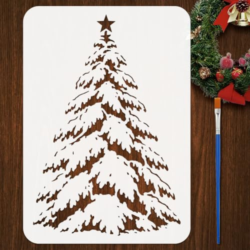 FINGERINSPIRE Schablone Mit Schneebedecktem Weihnachtsbaum Und Kunststoffpinsel 21x29.7cm Wintermotiv Weihnachtsbaummuster Dekorationsschablone Zum Bemalen von Wänden Holz Leinwand Stoff Und Möbeln