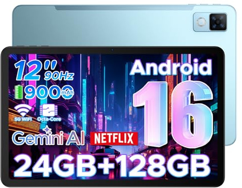 DOOGEE U12 Tablet 12 Pollici, Tablets Android 16, 90Hz 2000*1200 24GB RAM+128GB ROM/TF 2TB, Octa-Core PC, 5G WiFi/9000mAh/Gemini AI/Widevine L1/13MP+8MP/OTG/BT5/FACE ID/Doppi altoparlanti/3.5mm Jack