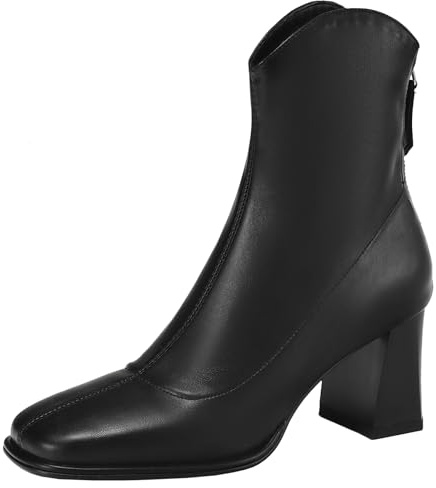 XIEPP Botines de punta cuadrada para mujer, tacón de bloque con cremallera, botas cortas para otoño e invierno, Negro , 40 EU