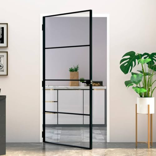 ACAGALA Puerta Interior, Puerta corredera de Cristal, 102 x 201,5 cm, Puerta de Cristal con Tirador Cerradura de Hierro, Marco de Aluminio de Seguridad ESG, Negro y, (Sin Accesorios)