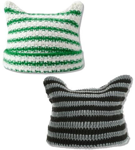 BSITSSS Lot de 2 Bonnet Femme Hiver, Rayures Chaud Chapeau Femme, Vertes Noires Tricot Casquette Oreilles de Chat Bonnets pour Femme Dames Homme Unisexe