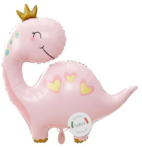 balloa Folienballon Baby Dino rosa, XXL Deko zur Geburt Mädchen, 69 cm | Rosa Dino mit Krone und Herzchen, XXL-Formballon, heliumgeeignet, ungefüllt, verspielte Deko zur Geburt eines Mädchens