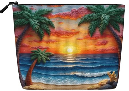 Cfyjvvxsj Vibrant Sunset Beach Scene with Palm Trees and Waves Full Print Fake Hemp Makeup Bag: Water-Resistant, Large Capacity Pouch for Daily Travel Commute (Multi-Use)