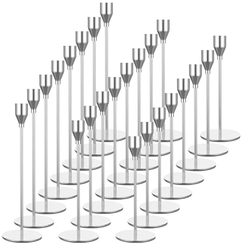 Set mit 24 silbernen Kerzenhaltern, französische Kerzenhalter für Spitzkerzen, Kerzenhalter passend für 3/4 Zoll Dicke Kerzen, Kerzenhalter für Hochzeit, Party, Heim, Abendessen bei Kerzenschein