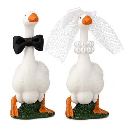 Tapufitil 2 Stück Hochzeit Gans Tortendekoration, Braut & Bräutigam Paarfiguren mit Schleier & Fliege,Brautpaar Figuren Harz Tortendeko für rustikale Hochzeiten, Verlobung & Brautparty