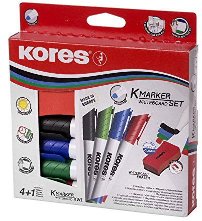 Kores - K-Marker XW1: Bunte Whiteboard Marker mit Rundspitze, trocken abwischbar und nahezu geruchslose Tinte, Schul- und Bürobedarf, Set aus 4 Sortierten Farben + 1 Magnetlöschschwamm