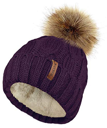TOSKATOK Damen Chunky weichen Kabel Stricken Hut mit gemütlichem Fleecefutter und abnehmbarem Kunstpelz Pompom