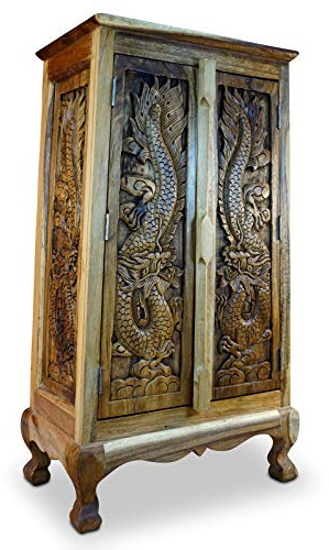 Kinaree Massivholz Schrank Dragon I Akazie — handgeschnitzte Drachen-Kommode 100x57x34 cm — Akazienholz Sideboard mit Opium-Stil Schnitzerei Thailand — 2-türiger Naturholzschrank (Natur)