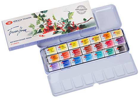 White Nights Artists Watercolors paint set 21 full 2.5ml pans in Metal case by Elena Bazanov Nevskaya Palitra