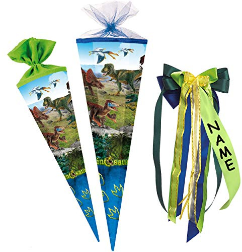alles-meine.de GmbH Schultüte Größenwahl Dinosaurier - Dinosaurs/Dino - 100 cm - eckig - incl. individueller großer Schleife - mit Namen - Tüllabschluß - Zuckertüte - mit..