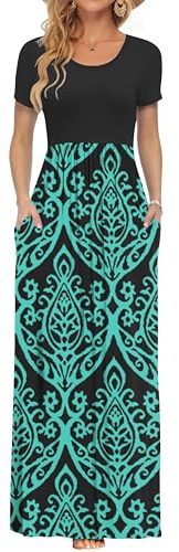AUSELILY Femmes Maxi Robe Madame Manches Courtes été Casual Longue Robe avec Poches Vert Noir XL