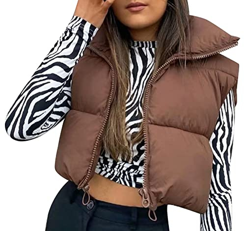 SEAUR Doudoune sans Manches Courte pour Femme Veste d'hiver Ultra Courte sans Manches pour Dames Doudoune Gilet en Duvet Automne Hiver Marron - M