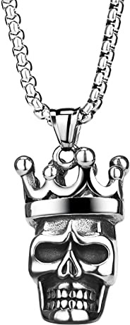 Flongo Herren-Kette Totenkopf Mit Krone Anhänger Halskette, Edelstahl Halskette Kette Silber Schwarz mit Schädel Totenkopf Anhänger Hip-Hop Gotik Biker Herren-Accessoires