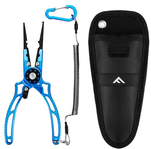 FLISSA 8 Inch Fishing Pliers, Safety Lock Design Fish Pliers Saltwater, Corrosion Resistant Aluminum Hook Remover with Braid Cutters, Sheath and Lanyard, Fishing Tool Gifts for Men