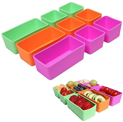 Set of 9: 6 Square and 3 Rectangular Silicone Lunch Box Dividers - Bento Box Dividers - Bento Box Accessories Inserts Organizers - Green Orange Purple