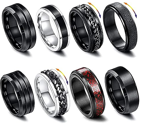 LOCCY 8 Stück Männer Edelstahl Spinner Ringe, Schwarze Spinner Kette Link geformt Band, Edelstahl Spinnere Ring Set für Männer Frauen, 8mm breit