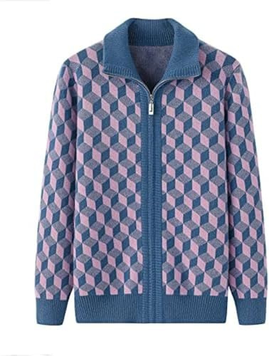Kaschmir-Strickjacke Mit Verdicktem Kragen, Unregelmäßigem Karo-Reißverschluss Für Damen,Blau,L