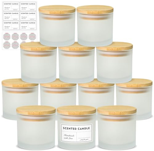SUPMIND Confezione da 12 barattoli per candele da 113,4 g, piccoli barattoli in vetro smerigliato con coperchi in bambù, con adesivi ed etichette, barattoli vuoti per realizzare candele, contenitori