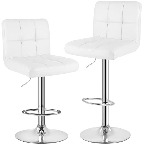 bigzzia 2 x Sgabelli da Bar Moderni Girevoli Sedia Cucina Alta con Schienale in Simipelle e Poggiapiedi, Regolabile e Girevole, 44 x 50 x (91-144) cm, Bianco