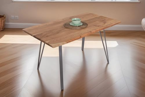 SAM Baumkantentisch 120x80 cm Celia, Akazienholz naturfarben + massiv, echte Baumkante, Esstisch aus Massivholz, Esszimmertisch mit Metallgestell Silber