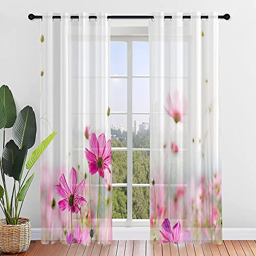 ENEN Vorhänge Wohnzimmer, Gardinen mit Ösen Halbtransparent Frühlingsblumen Gardinen Wohnzimmer, Schlaufenschal 2er Set für Kleine Fenster Küche Wohnzimmer Landhaus (Rosa Blume,107x213cm)
