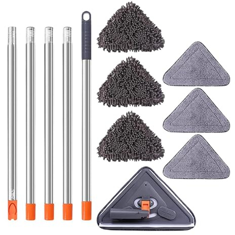 Trapeador limpiador de ventanas, 200 cm de limpieza de pared con mango largo, juego de fregona de limpieza profunda giratoria de 360°, kit de limpieza de techo 3 en 1, trapeador triangular grande