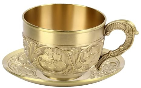 HOHXFYP Vintage Teetasse, Messing, Tasse und Untertasse mit Exquisiten Prägemustern, Elegantes Kaffeetassen Set, Teetasse für Kaffee, Tee, Cappuccino, Latte Oder Einweihungszeremonie(S-Gold)