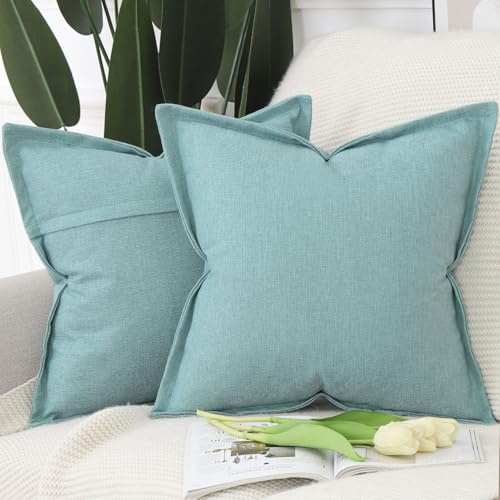 Madizz 2er Set Imitationsleinen Kissenbezügen mit breiter Kante Weiche dekorative Kissenbezüge für Sofa Schlafzimmer Kissenhülle Türkis 45x45 cm Quadrat