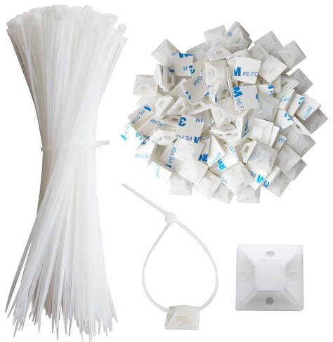 340 Pcs Sticky Cable Tie Pads Set | 170 Pcs Zip Tie Adhesive Mounts,19 x 19 mm | 170 Pcs Cable Tie,200 x 2.5 mm | White,Cable Clip,Wire Management Clips,Wall Ties Fixing Mount,Wire Holders for Cables