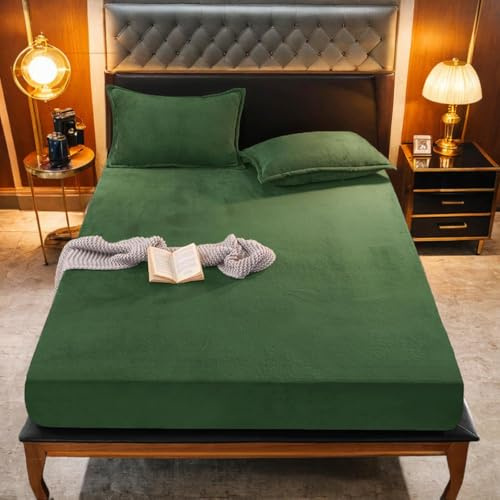 Gezu Sábana ajustable de felpa de invierno 160x200 cm Verde salvia Cálida Flanela Forro polar Biber Samt Toque de cachemir para colchón de 25 a 30 cm