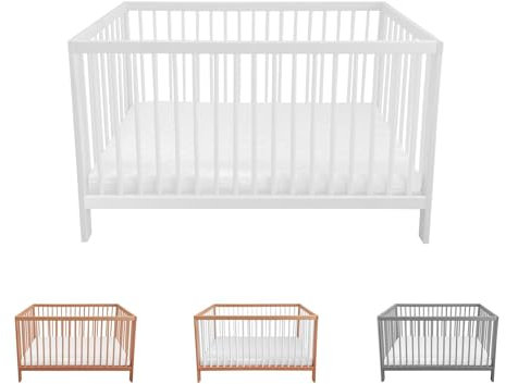 Lantigo Babybett 120x60 cm Weiß Gitterbett Buchenholz Massivholz Kinderbett mit Lattenrost höhenverstellbar 9 Stufen für Neugeborene und Kleinkinder, ohne Matratze