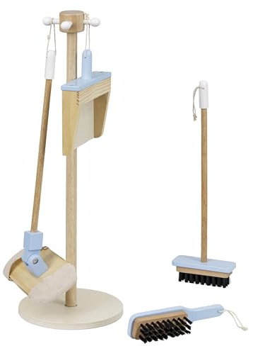 Baroni Toys Set Pulizia in Legno Montessori, 4 Pezzi con Supporto, Gioco Educativo per Bambini 3-6 Anni, Include Scopa, Paletta, Mocio e Spazzola, Facile da Montare e Leggero, 17x18x59 Cm