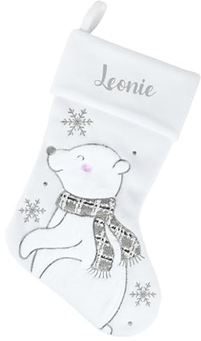 minimutz Nikolausstrumpf mit Namen Kinder - personalisierter Weihnachtsstrumpf zum Aufhängen & Befüllen - Nikolausstiefel weiß 45cm (Eisbär)