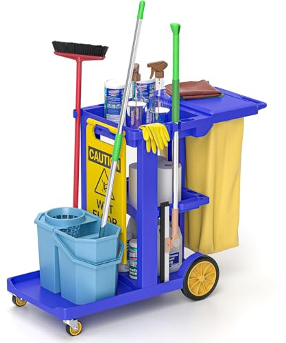 Nisorpa Commercial Janitorial Cart, 3-Shelf Housekeeping Cart, High Capacity Cleaning Cart, Utility Clean Trolley with Wheels and 25 Gallon Vinyl Bag 44.5, for Business/School/Office Cleaning