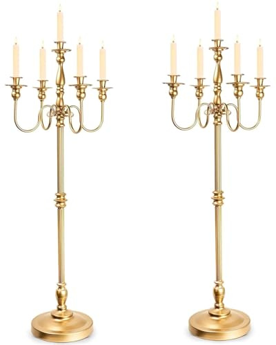 Floor Candelabra Tall 5 Arms Candle Holders for Wedding Centerpiece, 48 Gold Metal Candlestick for Taper Candle and Floral Centerpiece Stand Wedding Event Aisle Party
