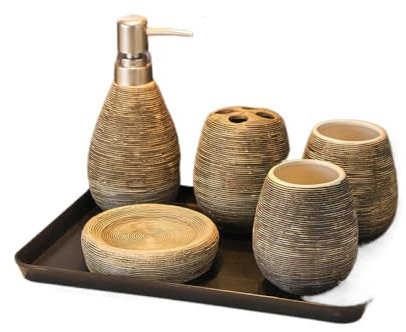 CCKUHN 6-teiliges Bad-Accessoire-Set im Vintage-Stil aus gebürsteter Keramik, inkl. Zahnbürstenhalter/-Becher/-tablett, Flüssigseifenspender oder Lotionspender und Seifenschale, Badezimme