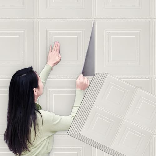 Camiraft White Peel and Stick Wall Panels Self Adhesive Wood Effect Wallpaper 70X70cm 10PCS Removable Wall Tiles 3D Tile Brick Wall Sticker Waterproof PE Foam Panel