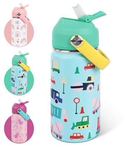 AMFUN Trinkflasche Kinder Edelstahl, 350ML Trinkflasche- Kinder, Edelstahl Kinderflasche Auslaufsicher, Wasserflasche mit Strohhalm, Thermosflasche für Schule - BPA Frei