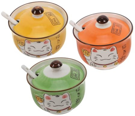 ULTECHNOVO 3 Pièces Pots à Épices En Céramique Avec Couvercles Et Cuillères Lot Pour Sucre Sel Et Condiments Design Chat Chanceux Pour Cuisine