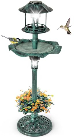 COSTWAY Vogeltränke stehend, Vogelbad Garten mit Solar, Blumentopf (Grün) | Wassertränke Vögel, Vogelfutterstation Retro, Bird Bath mit Futterhaus & befüllbarem Ständer, Futterspender Balkon, Ø43x110cm