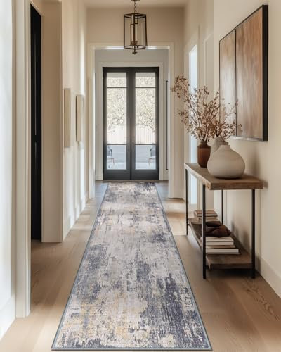 DEFYNEE Alfombra Pasillo 60 x 180 cm, Antideslizante, Alfombra Pasillo de Pelo Corto para Cocina, Lavable, Plegable, Diseño Abstracto para Entrada, Cocina, Salón y Oficina, Amarillo Grisáceo