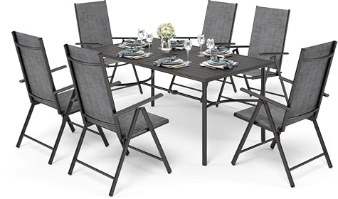 PHI VILLA Gartenmöbel Set 6 Grau Klappstühle mit Metall Tisch Terassenmöbel | 6-fach Verstellbar Textilene Stühle Aluminiumrahmen, Tisch mit 4-5cm Schirmloch, für Terrasse Bistro Deck