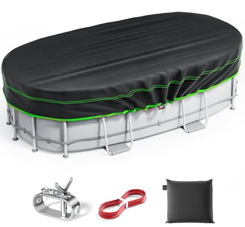 8.5X18 Ft Oval Pool Cover - Heavy Duty Solar Rectangular Pool Cover Protector, Waterproof & Tear-Resistant with Winch & Cable, Ideal for Winter & Dustproof Use