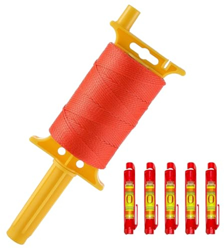Mason Line with Handle, 500 FT #18 Braided Nylon Line with Reloadable Line Reel and 5 Built-in Levels, String Level Line Kit for Gardening Or Masonry Tools, Kite String or DIY (Orange)