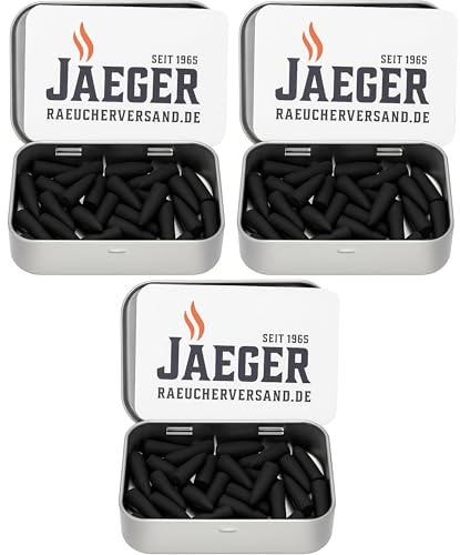 Jaeger Räuchereiprodukte | Kaltrauch-Anzünder 3X 30 Stück | reines Naturprodukt | für Sparbrand und Räuchermehl | ohne Zusatzstoffe | einfache Anwendung | Made in Germany | Metallbox wiederverwendbar