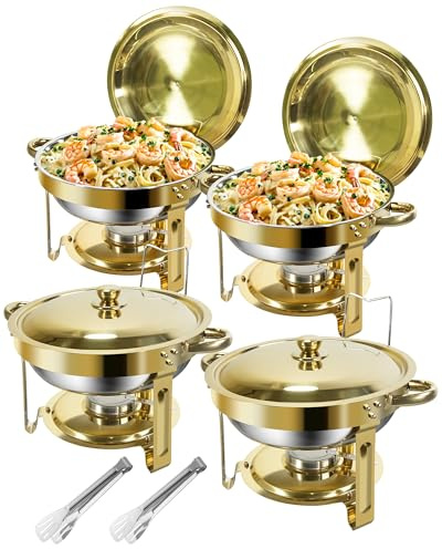 Gold Chafing Dish Buffet Set 5L [Robusto e Montaggio Facile], 4 Scaldavivande Tondi, Contenitori Riscaldanti in Acciaio Inox [Elegante Oro e Argento], per Catering Buffet e Ogni Tipo di Feste