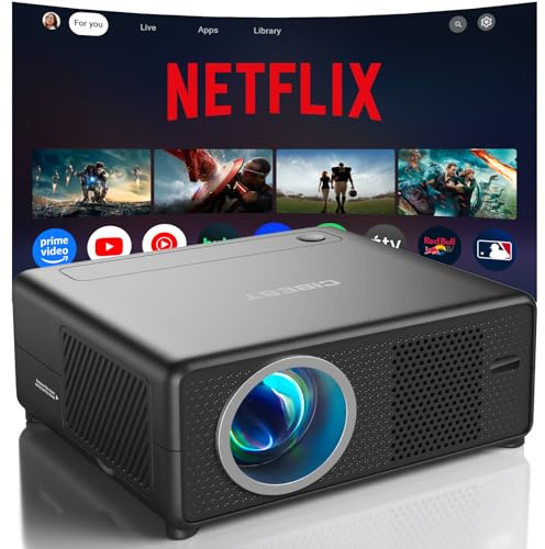 CiBest Mini-projektor med WiFi och Bluetooth, kompatibel med Netflix/YouTube/PrimeVideo, elektriskt fokus och nyckelsten, kort överkast Full HD 1080P stöds, bärbar utomhus/inomhusanvändning