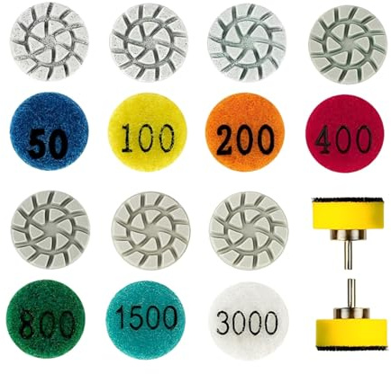 MiJunHD Mini-Diamant-Polierpads, 25 mm, 16 Stück/Set, 7 verschiedene Körnungen, 50#-3000# Wasserschleifscheiben & 2,3 mm/3 mm Schaft, Haken- und Schlaufen-Halter für Detail-Feinschleifen